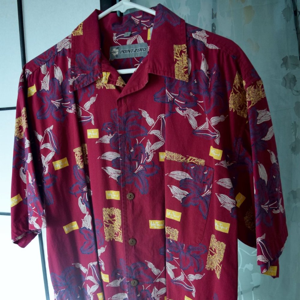 man's shirt with red, yellow and black pattern